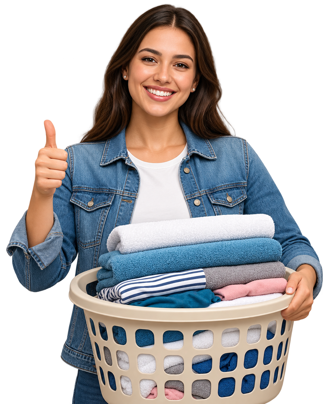 Cliente satisfeita segurando uma cesta de roupas limpas